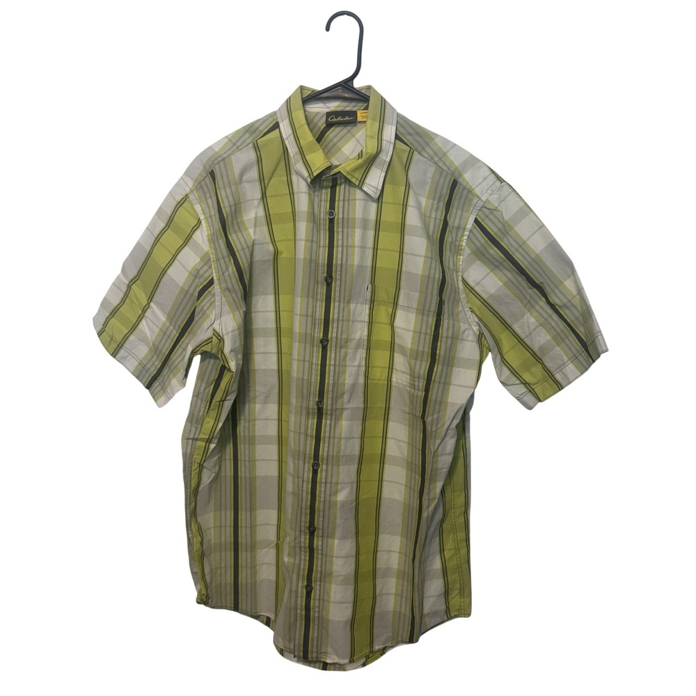 Cabela's Button Down Shirt Mens LT Large Tall Green Plaid Short Sleeve Cotton